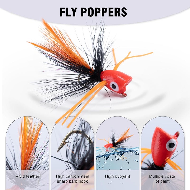 Goture Fly Fishing Poppers Lures, Topwater Popper Flies Bugs Lure, Fly Fish Poppers Fishing Lures Kit, Dry Flies for Panfish Bluegill Crappie Sunfish Bass Trout Salmon - Image 2
